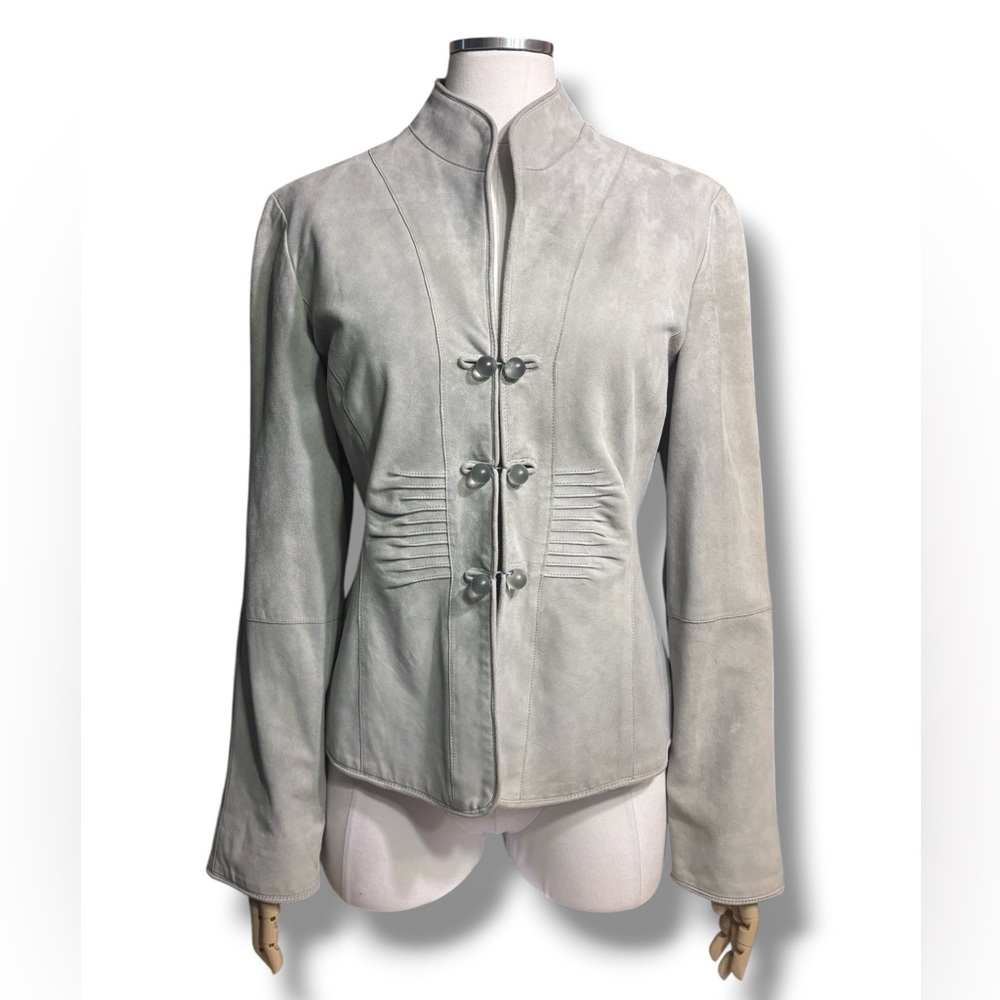 ANNE KLEIN Mandarin Collar Pin-Tuck Suede Leather Jacket VINTAGE - Picture 15 of 15